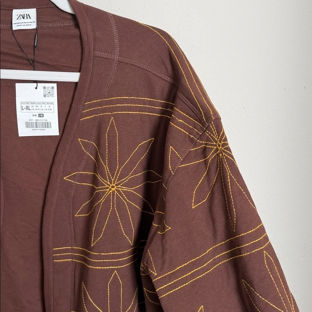 NWT Zara Embroidered Quilt Jacket Brown Yellow Size XL